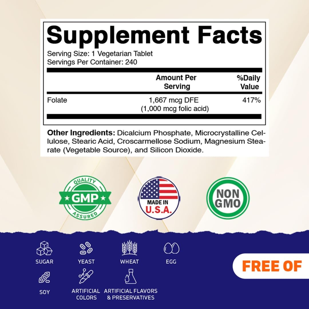 Vitamatic Acide Folique 1000 mcg, comprimés végétariens en gros plan