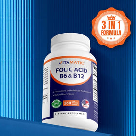 Vitamatic Acide Folique 400 mcg comprimés, flacon avec arrière-plan naturel