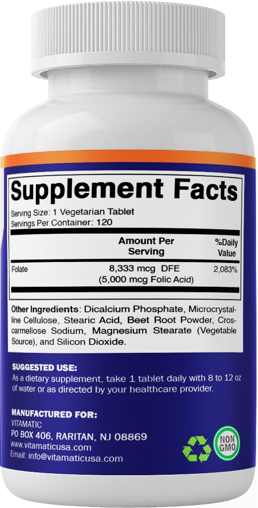 Vitamatic Acide Folique 5 mg 120 comprimés avec d'autres compléments alimentaires