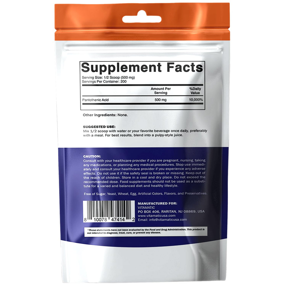 Vitamatic Acide Pantothénique Poudre Pure 500 mg 100g sur une table