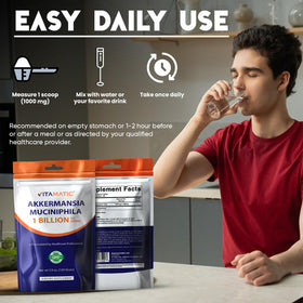 Vitamatic Akkermansia Muciniphila 100g avec des ingrédients sur une table