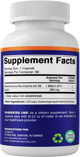 Vitamatic Akkermansia Muciniphila capsules à côté d'un livre de santé