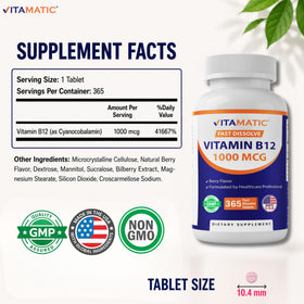 Vitamatic B12 1000 mcg, packaging et informations de dosage