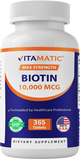 Vitamatic Biotine 10 000 mcg 365 comprimés végétariens vue de face