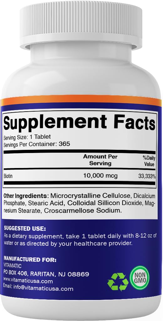 Vitamatic Biotine 10 000 mcg comprimés sur une table de cuisine