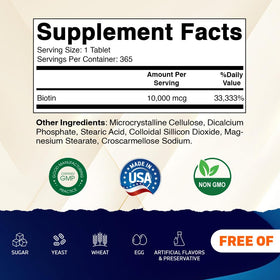 Vitamatic Biotine 10 000 mcg emballage avec informations nutritionnelles