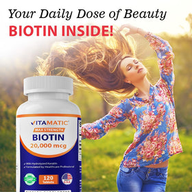 Vitamatic Biotine 20 000 mcg comprimés dans une main