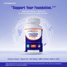 Vitamatic Calcium Citrate avec une main tenant un comprimé