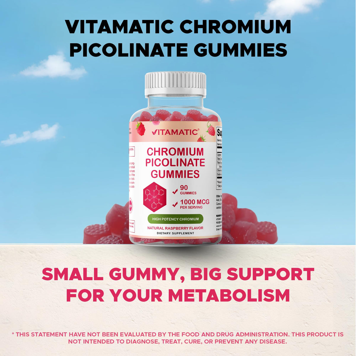 Vitamatic Chrome Picolinate 1000 mcg gummies framboise en gros plan