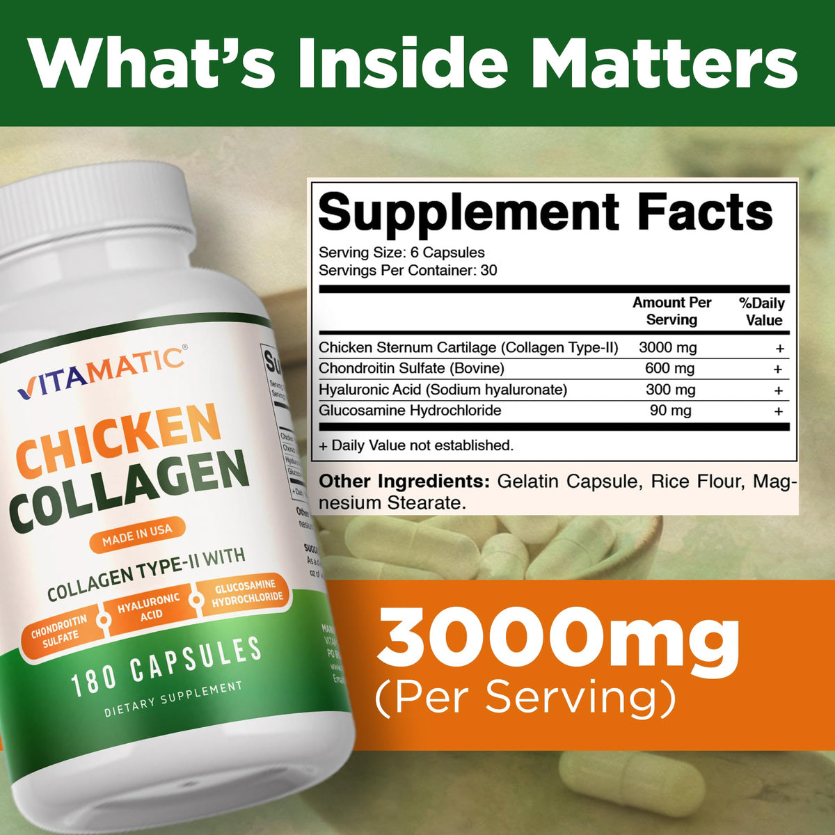 Vitamatic Collagène de Poulet 3000 mg capsules en gros plan