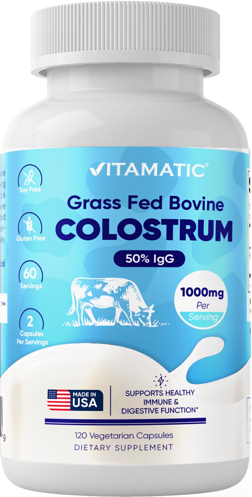 Vitamatic Colostrum Bovin 1000 mg 120 Capsules - vue de face