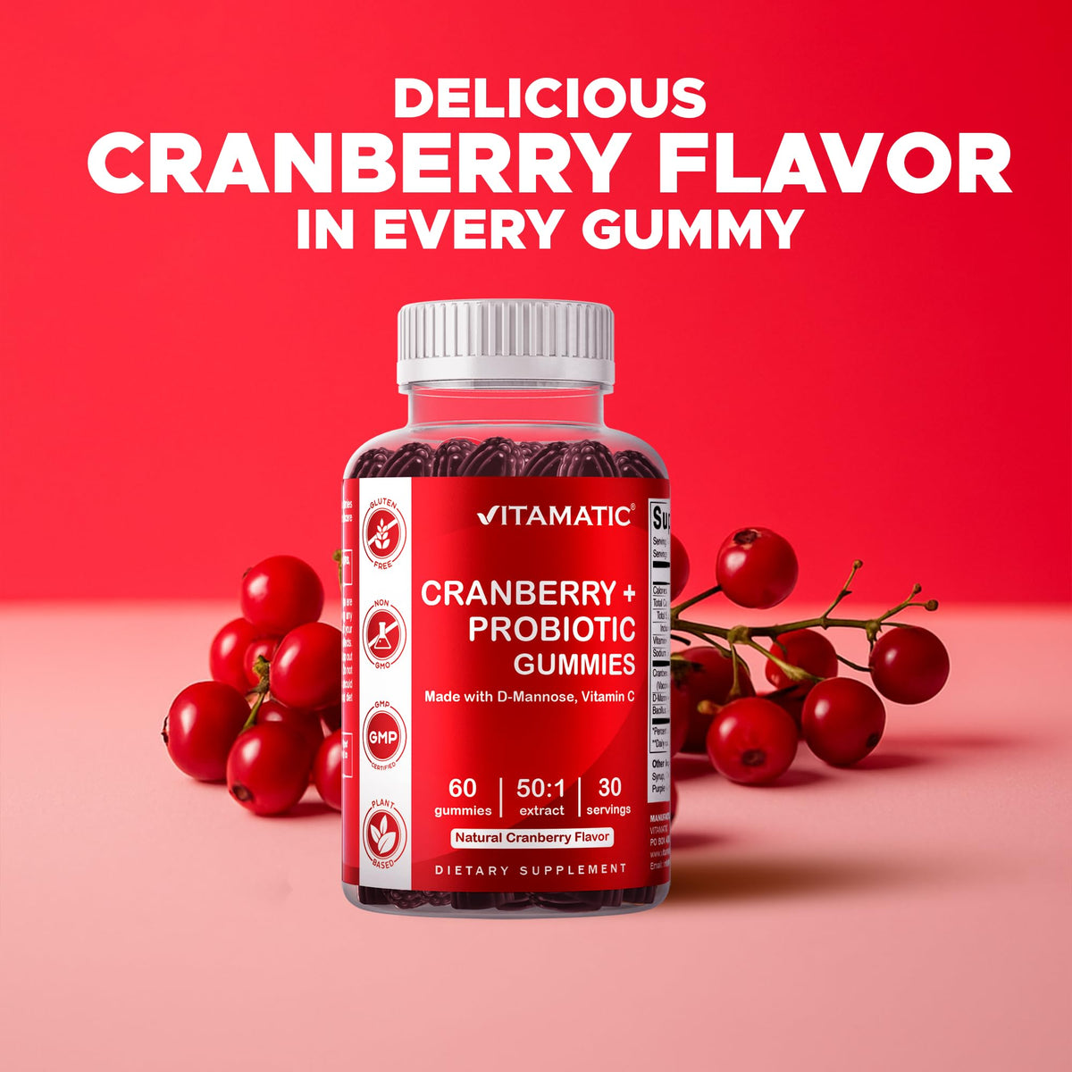 Vitamatic Cranberry Gummies gluten-free label