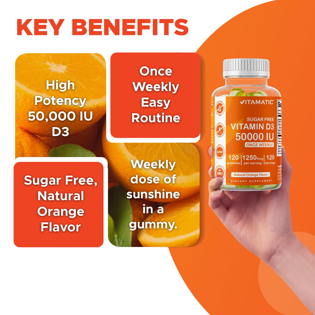 Vitamatic D3 50 000 UI gummies en gros plan