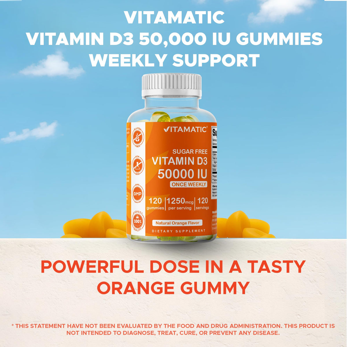 Vitamatic D3 50 000 UI gummies sur une table