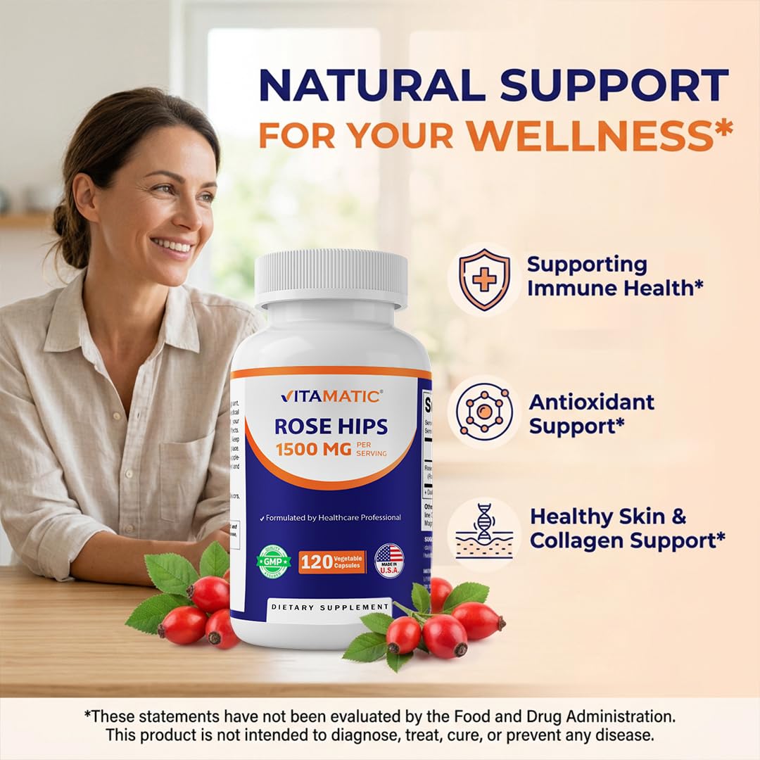 Vitamatic Églantier 1500 mg gélules, gélules à côté d'un verre d'eau