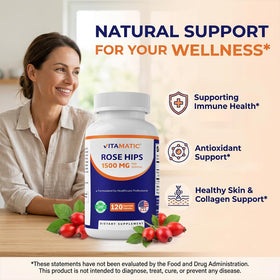 Vitamatic Églantier 1500 mg gélules, gélules à côté d'un verre d'eau