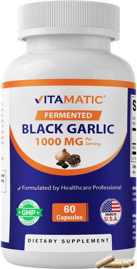 Vitamatic Extrait de Ail Noir Fermenté 1000 mg vue avant du flacon