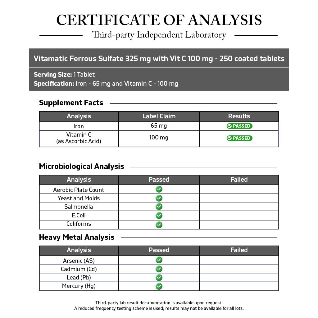 Vitamatic Ferrous Sulfate 325 mg comprimés, vue du dessus
