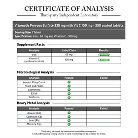 Vitamatic Ferrous Sulfate 325 mg comprimés, vue du dessus