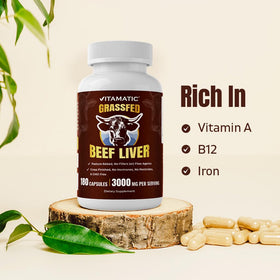 Vitamatic Foie de Boeuf capsules sur un plan de travail