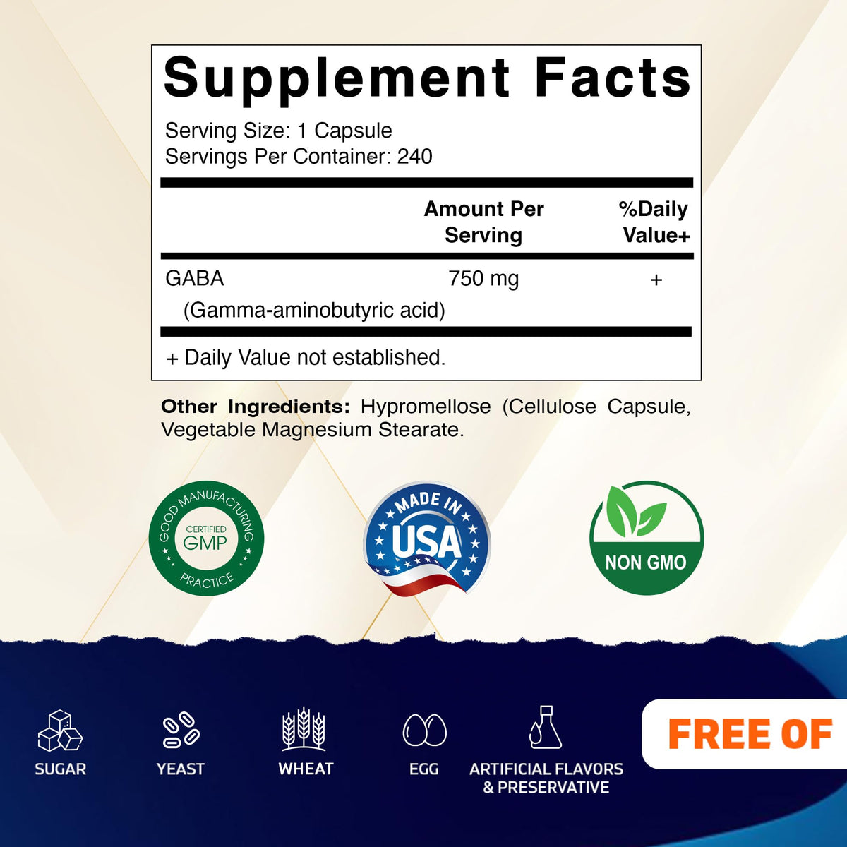 Vitamatic GABA 750mg 240 capsules, étiquette et informations nutritionnelles