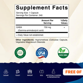 Vitamatic GABA 750mg 240 capsules, étiquette et informations nutritionnelles