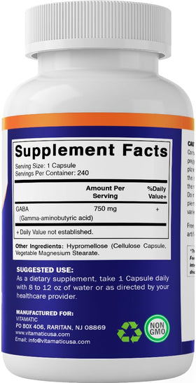Vitamatic GABA 750mg, produit sur une table en bois