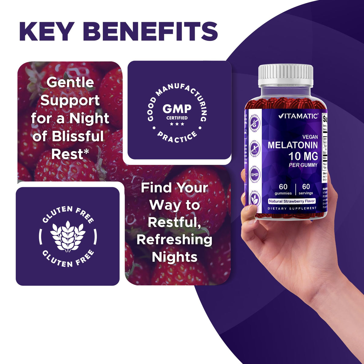 Vitamatic Gélules de Mélatonine 10 mg Vegan Fraise, avec une cuillère