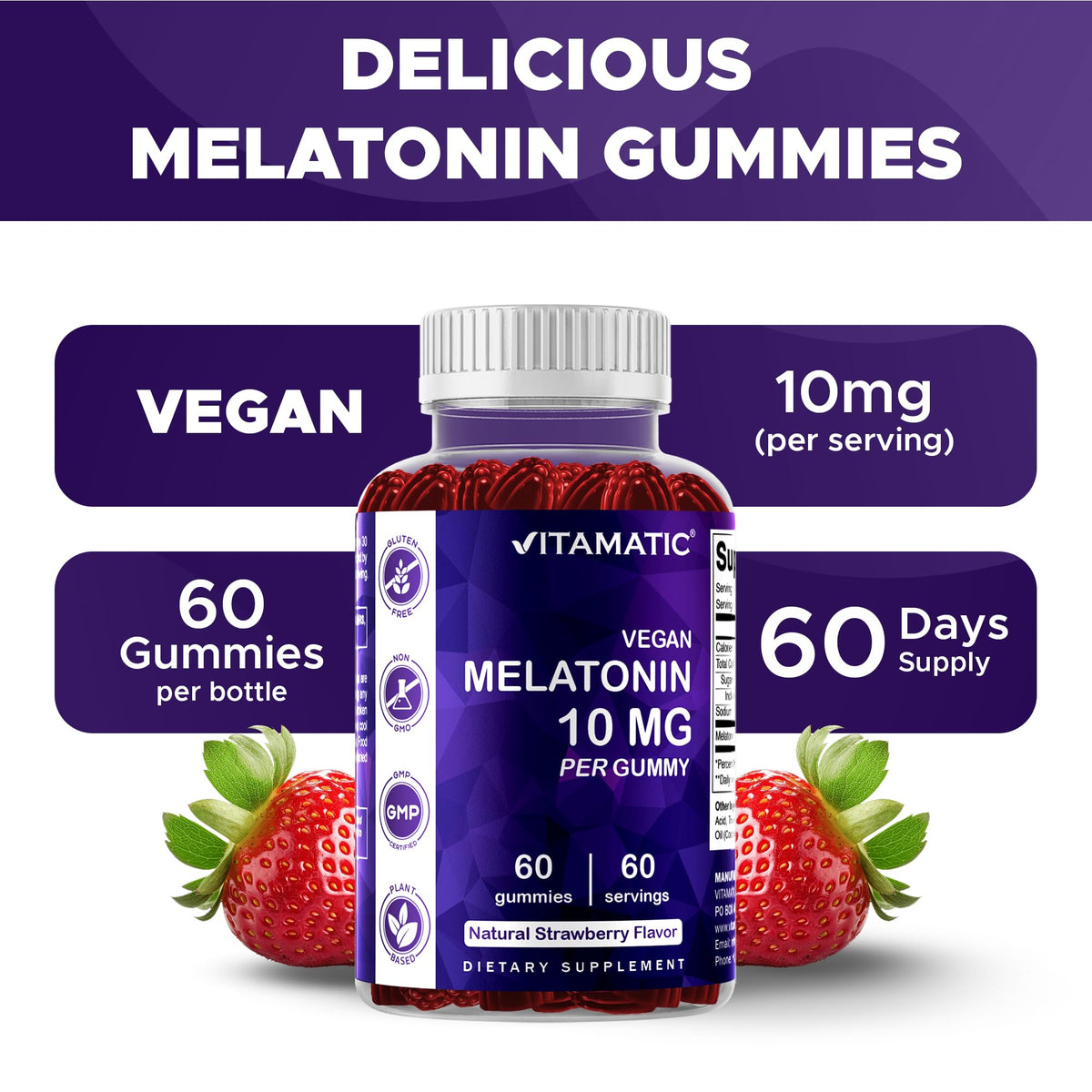 Vitamatic Gélules de Mélatonine 10 mg Vegan Fraise, gummies sur une table