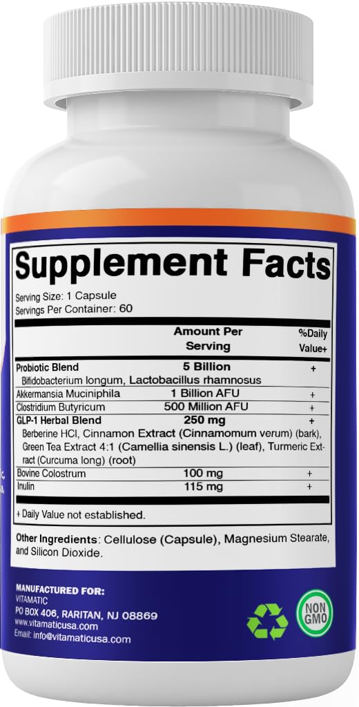 Vitamatic GLP-1 flacon avec capsules sur une surface en bois