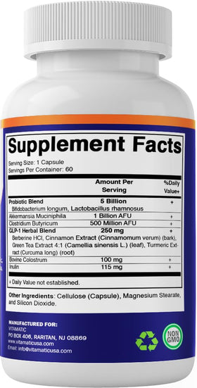 Vitamatic GLP-1 flacon avec capsules sur une surface en bois