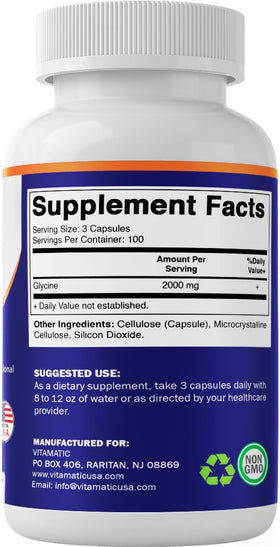 Vitamatic Glycine 2000mg flacon sur une table en bois
