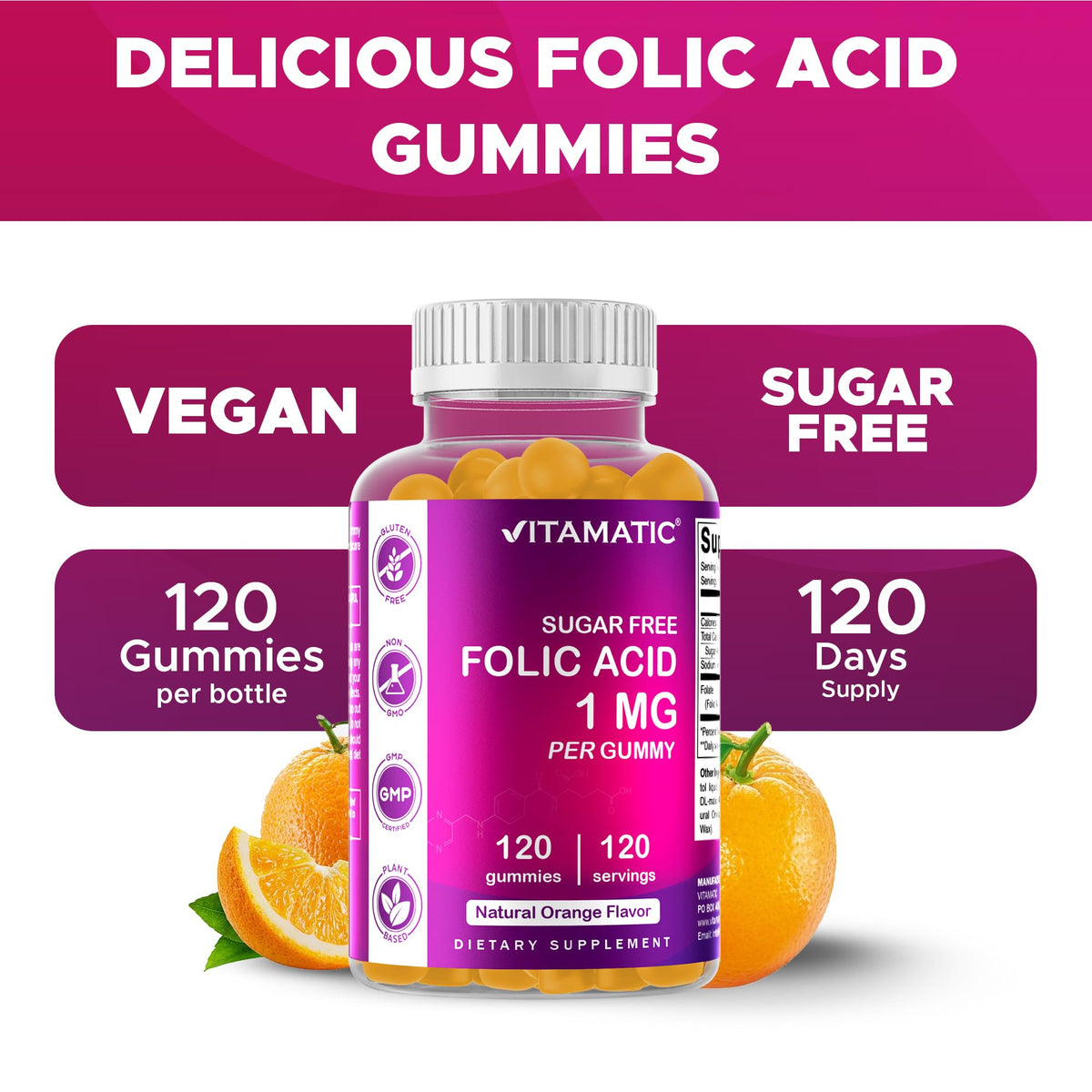 Vitamatic Gommes Acide Folique 1 mg orange avec bouteille