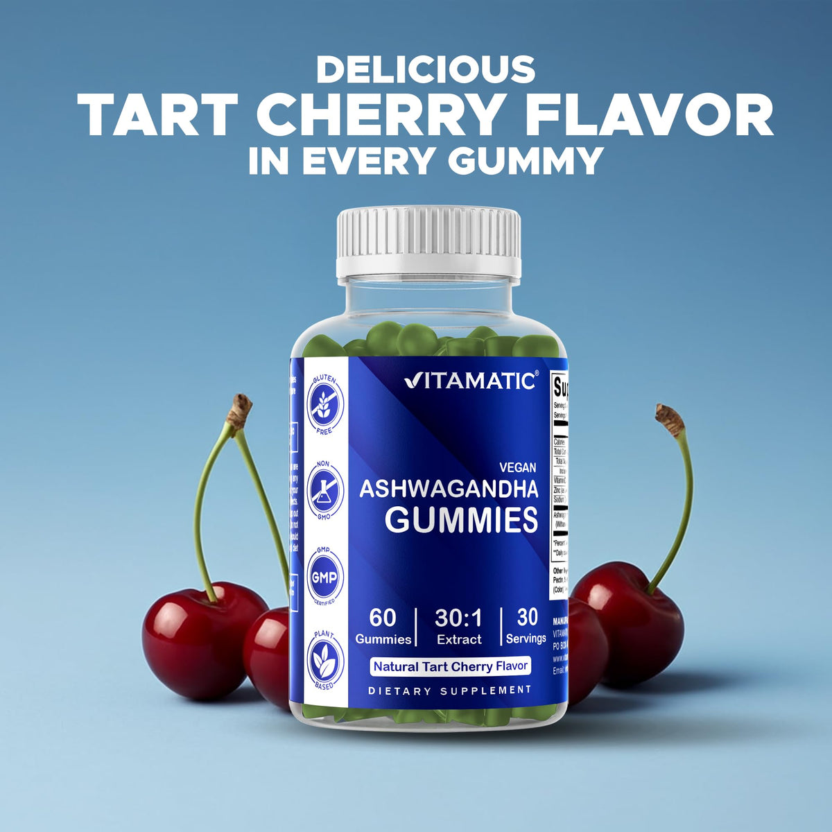 Vitamatic Gummies Ashwagandha 30:1 Extrait 60 Vegan à côté d'un verre d'eau