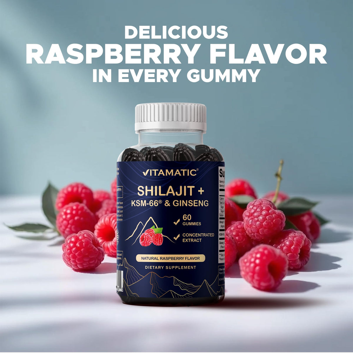 Vitamatic gummies bottle with ingredients list
