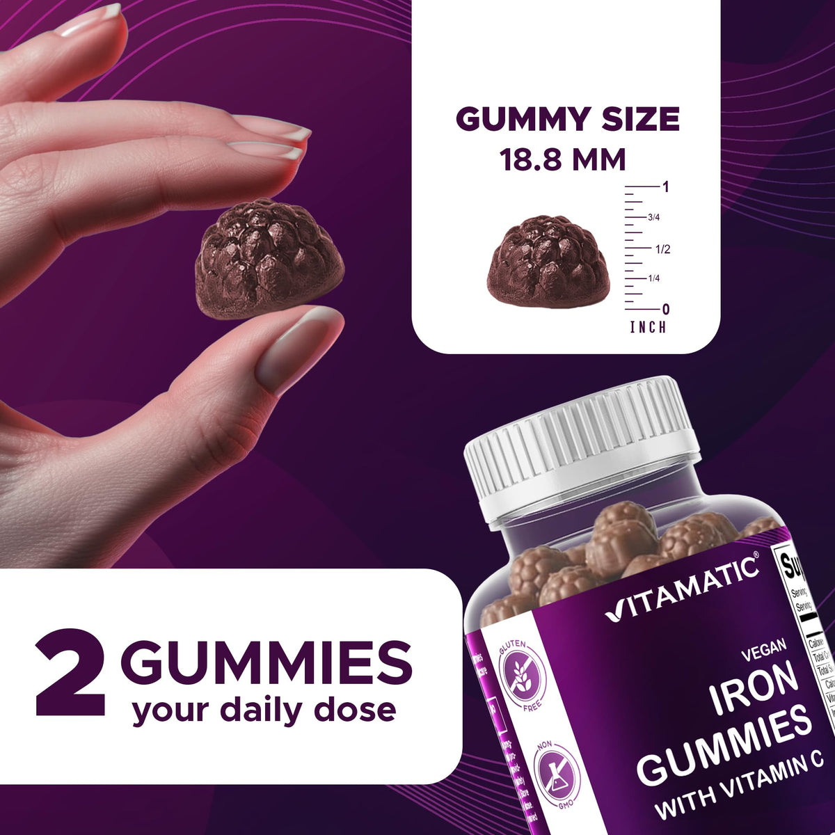 Vitamatic Gummies de Fer 65 mg avec Vitamine C - gummies à côté de fruits