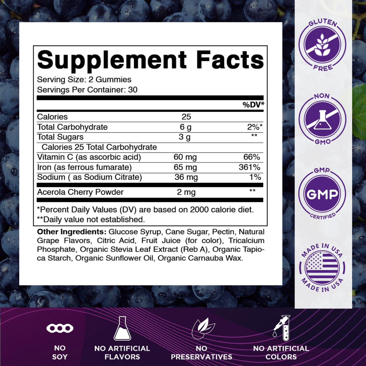 Vitamatic Gummies de Fer 65 mg, emballage et contenu