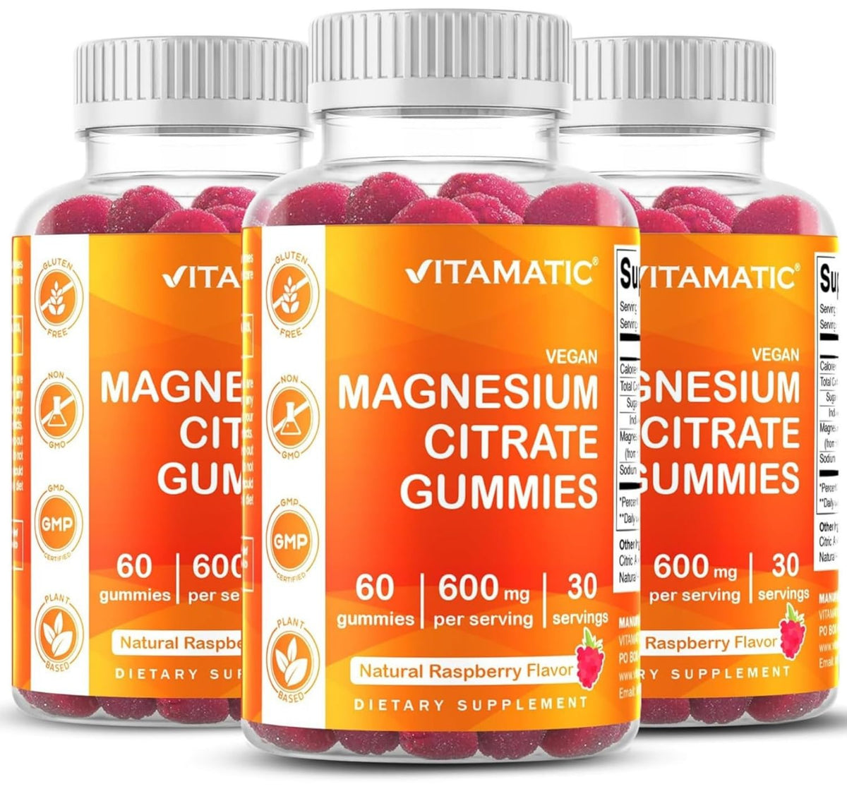 Vitamatic Gummies de Magnésium 600mg, boîte de 60 gummies au goût framboise