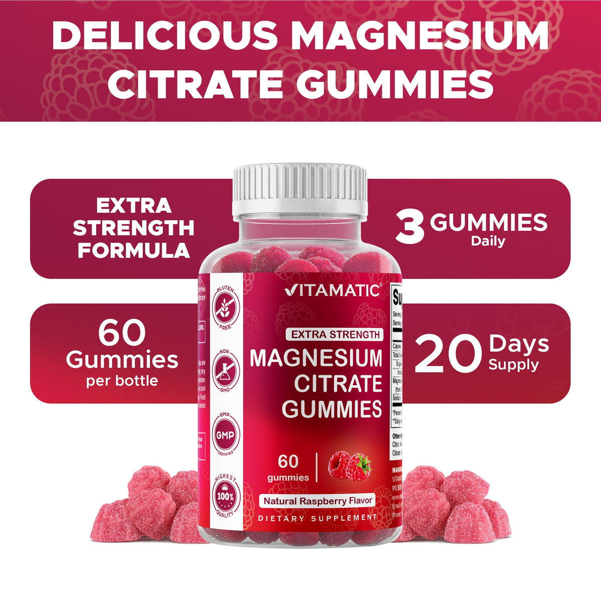 Vitamatic Gummies de Magnésium, affichage des ingrédients