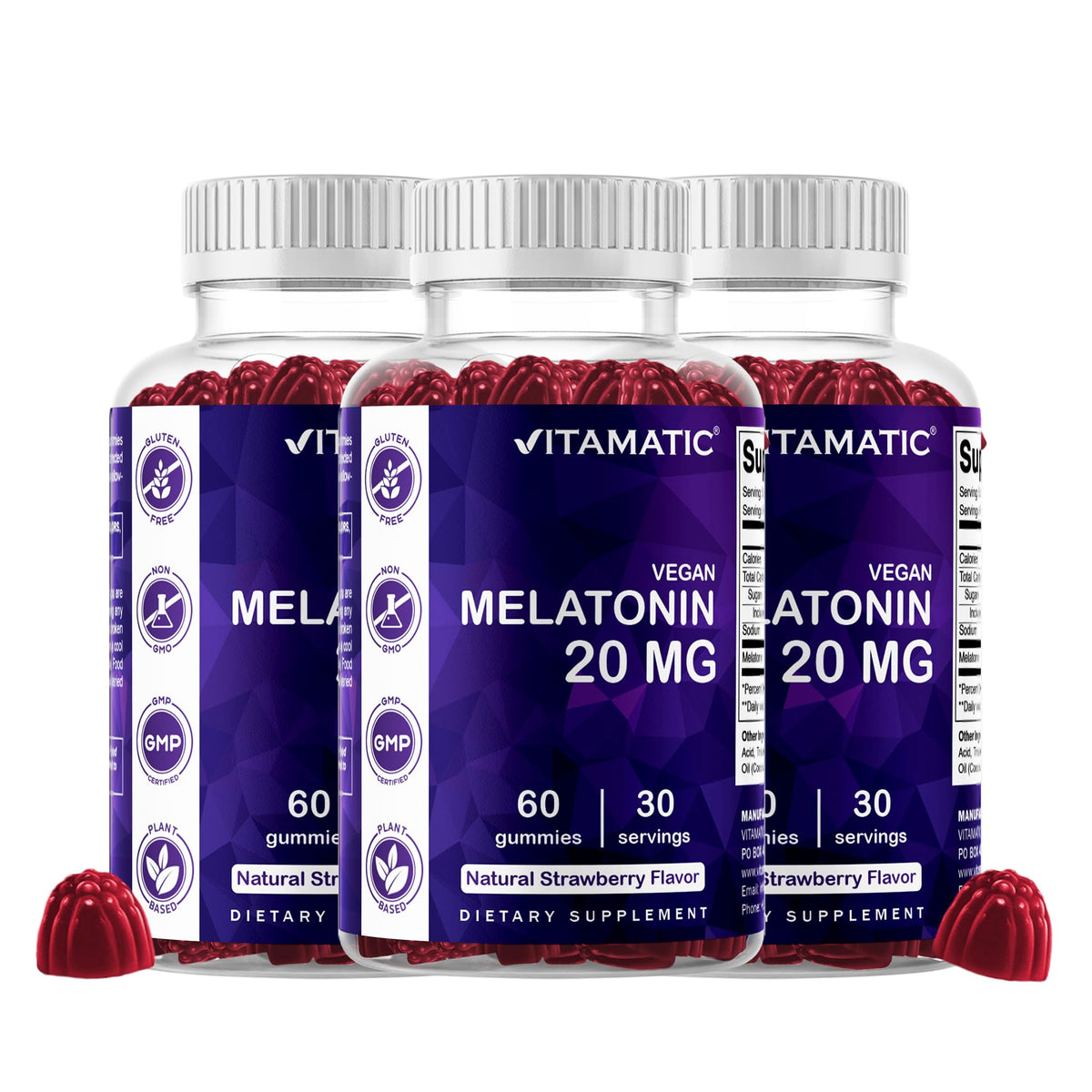 Vitamatic gummies de mélatonine 20 mg fraise, vue de face