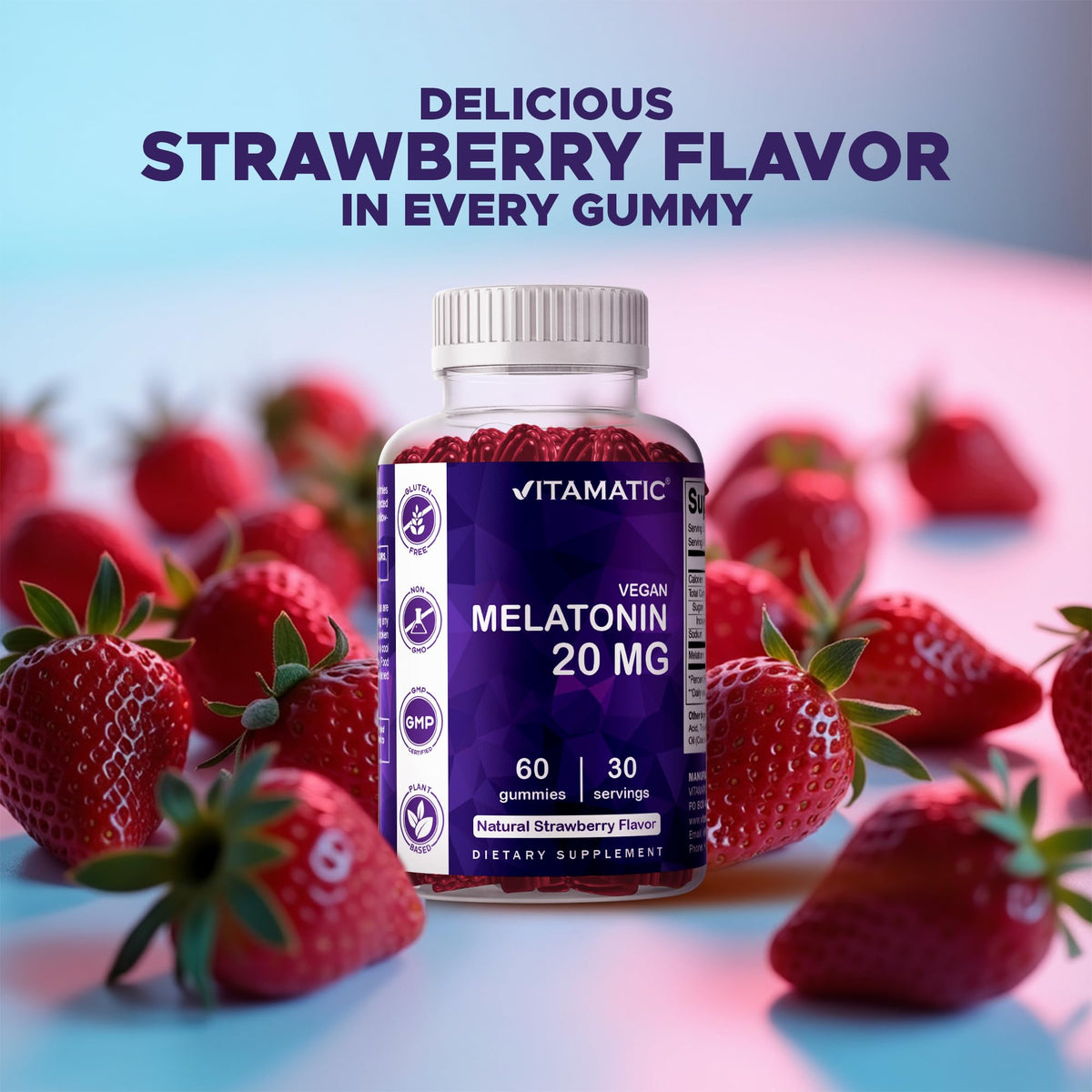 Vitamatic gummies de mélatonine sur un fond blanc
