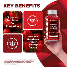 Vitamatic Gummies de Méthylfolate avec des fruits frais en arrière-plan