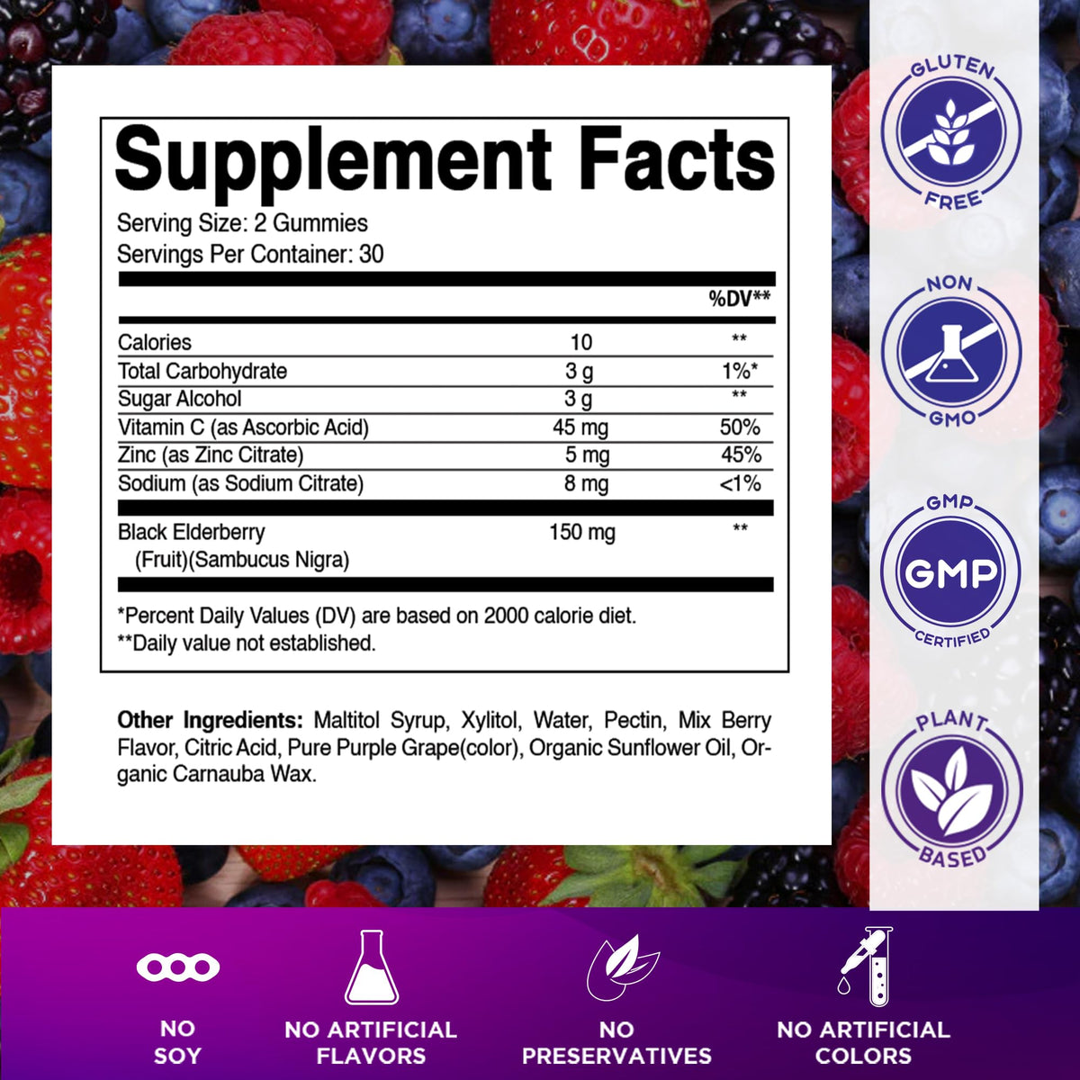 Vitamatic Gummies de Sureau avec étiquette et ingrédients