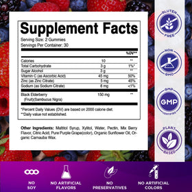 Vitamatic Gummies de Sureau avec étiquette et ingrédients