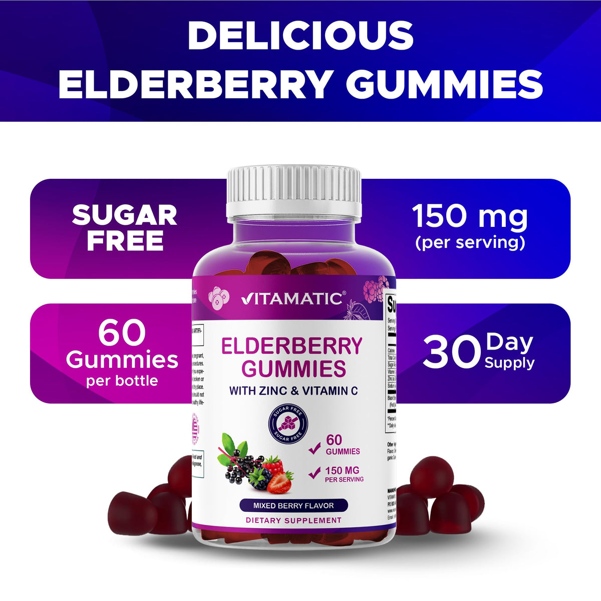 Vitamatic Gummies de Sureau sur fond blanc