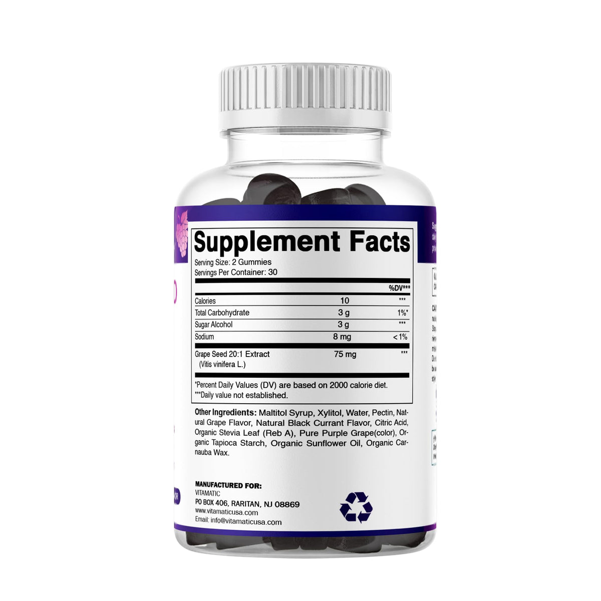 Vitamatic Gummies Extrait de Pépin de Raisin 60 Gummies montrant les ingrédients