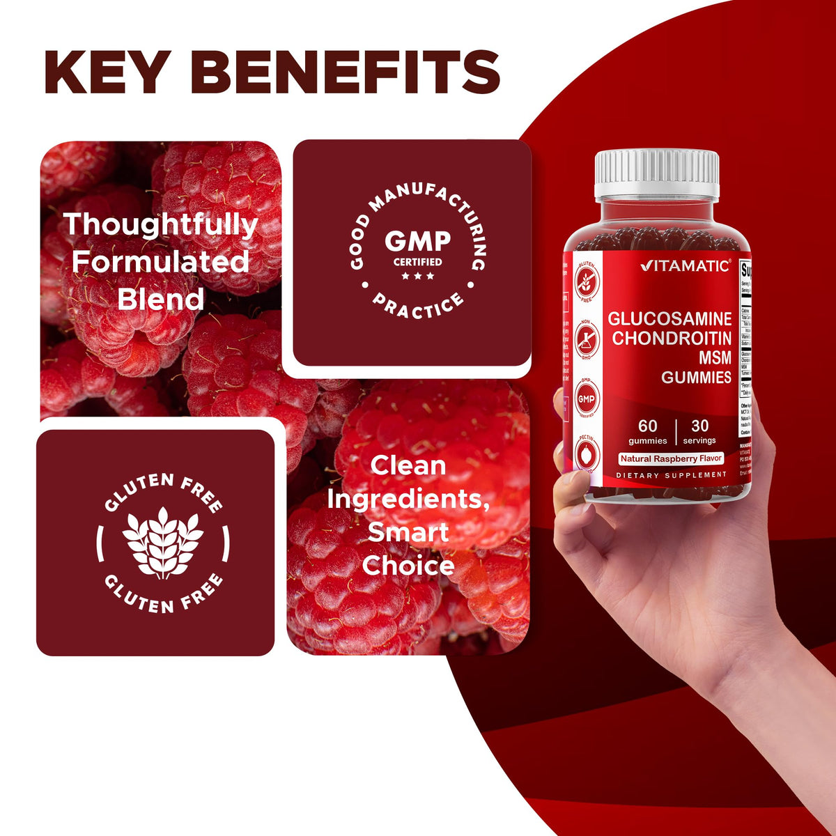 Vitamatic gummies glucosamine chondroitine MSM sur une table avec d'autres compléments