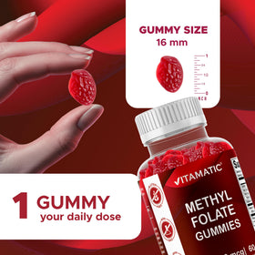 Vitamatic Gummies Méthylfolate 1000 mcg saveur fraise dans un bol