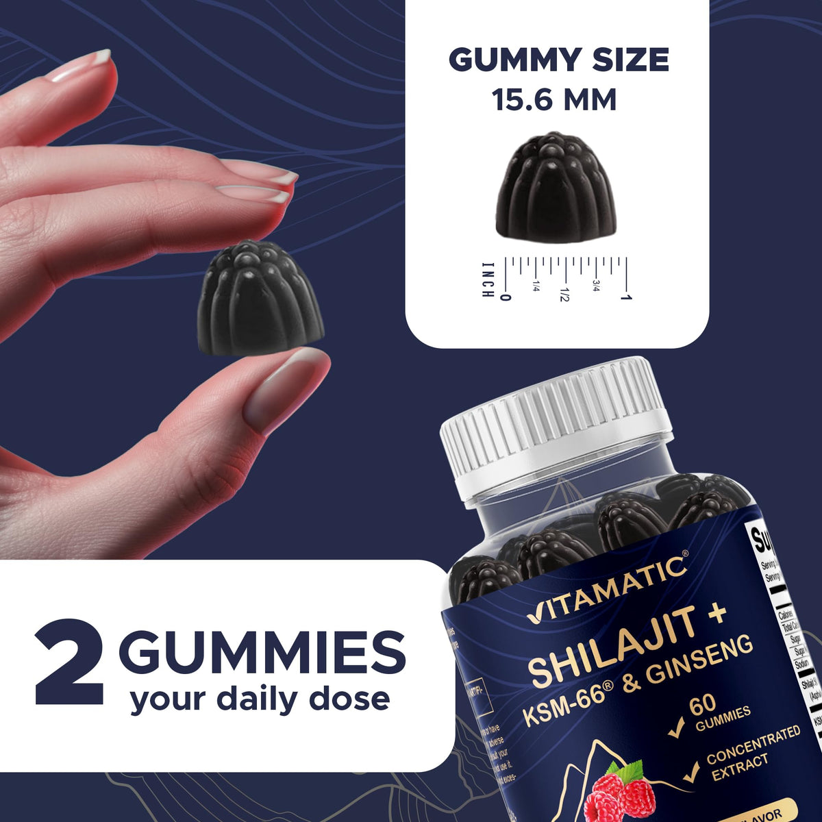 Vitamatic gummies on a wooden table with fresh raspberries