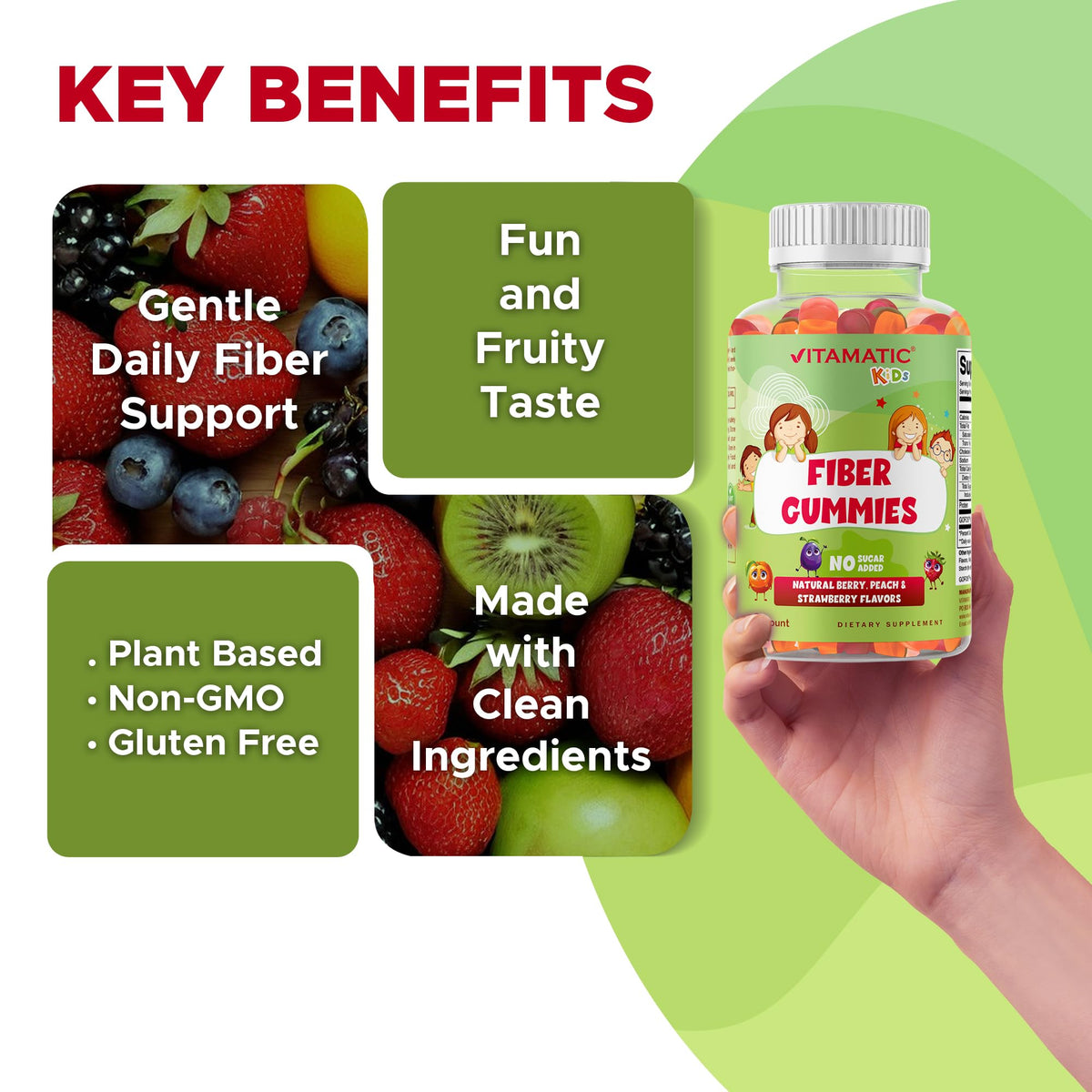 Vitamatic Gummies Prébiotiques Enfants saveurs naturelles de mûre, pêche et fraise